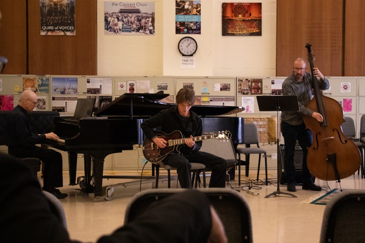 From left, John Douglass, Kayne Hunter and Ralph Lowi lock in during their performance of Take The A Train by Duke Ellington on Feb. 23 at City College in Santa Barbara, Calif. Hunter was accompanied by three professors during his recital, who all provide lessons for the applied music program to provide one-on-one mentorship for students.
