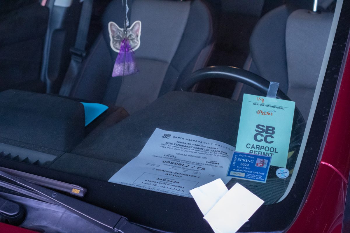 A City College students car displays multiple parking permits to follow new regulations for the spring 2024 semester on Feb. 1 in Santa Barbara, Calif. As a result of these new parking orders, some City College students have received parking tickets with a fine due to not complying with the newfound ordinance.