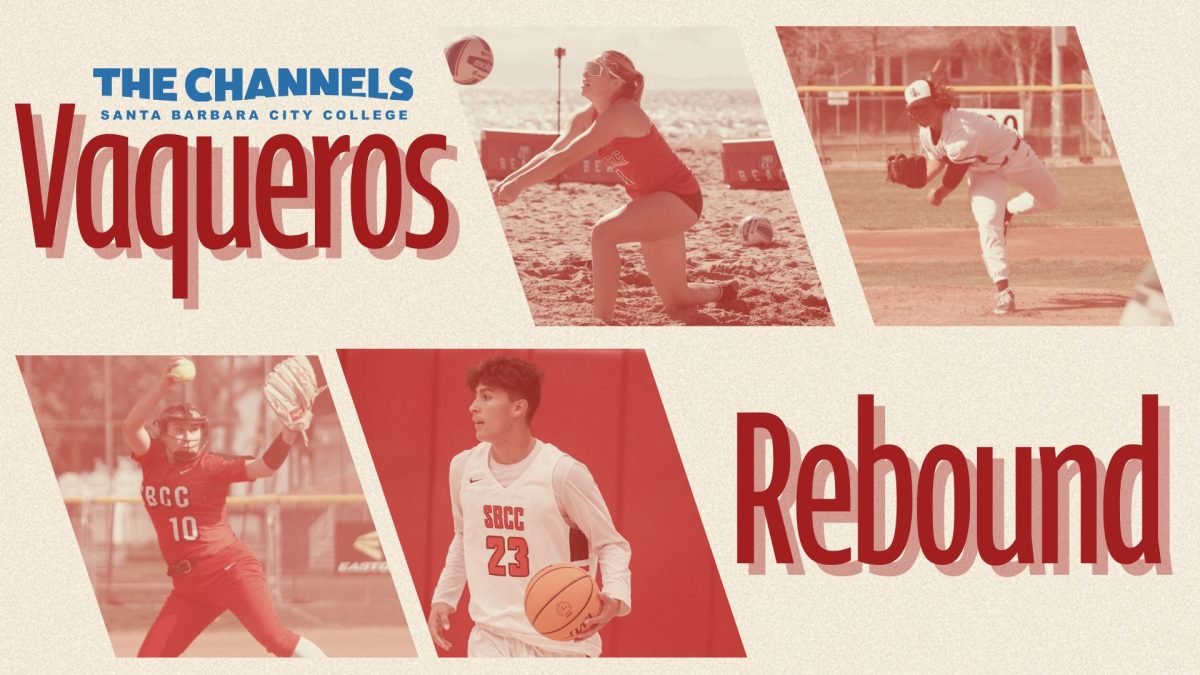 Vaqueros Rebound banner showcases a number of spring sports at SBCC, including beach volleyball, baseball, softball and basketball. Created on Canva. 
