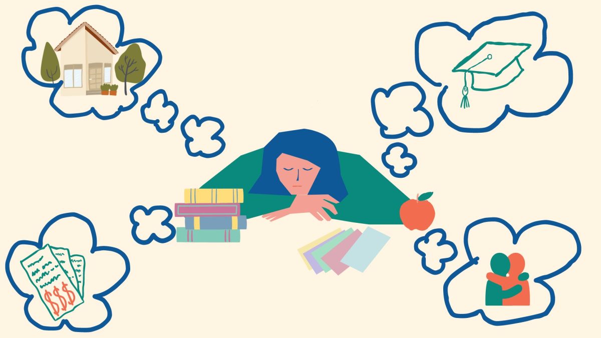 A teacher is shown to be overwhelmed with many different factors in her life, such as affording housing, education, relationships and towering bills, while still having to work long hours at her job. Illustration created on Canva. 