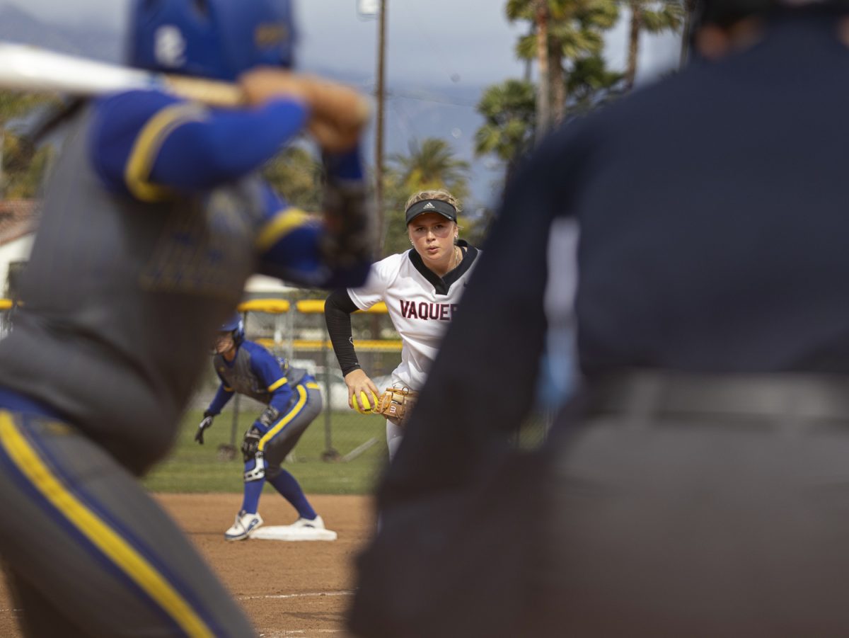 Alena Johnson eyes the Allan Hancock College batter on March 28, 2024 at Perishing Park at City College in Santa Barbara, Calif.  Johnson allowed 7 hits for Allan Hancock College.