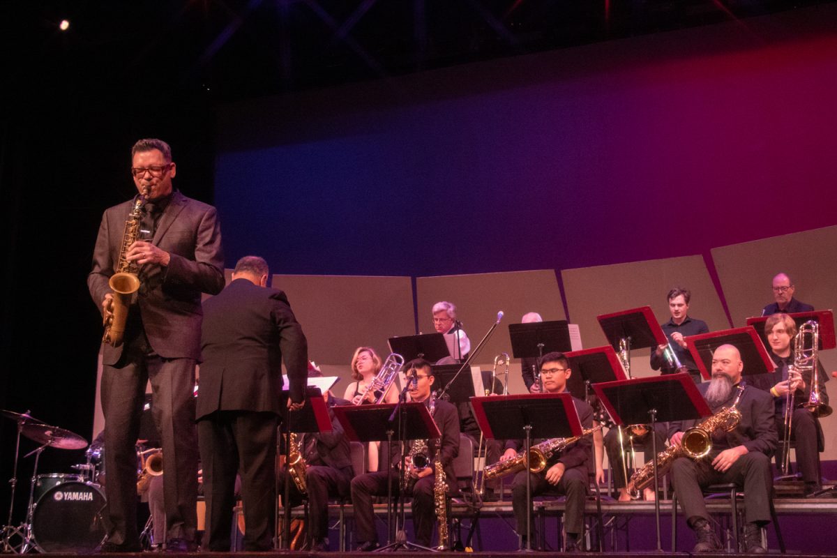 Karl Hunter begins his solo during his set with the Lunch Break Big Band on March 3 at the Dos Pueblos Jazz Festival in Goleta, Calif. Hunter sat in for a single rehearsal with the college ensemble to prepare for the festival.