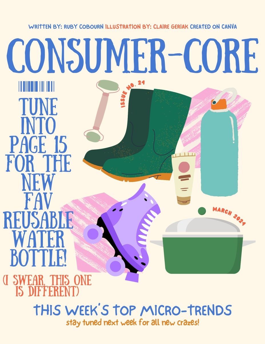 The Consumer-Core magazine features the many micro-trends highlighted through social media influencers and apps, including water bottles, skin care and more. Micro-trends refer to products or items highlighted online, but are quickly circulated onto another fresh item. Illustration created on Canva. 