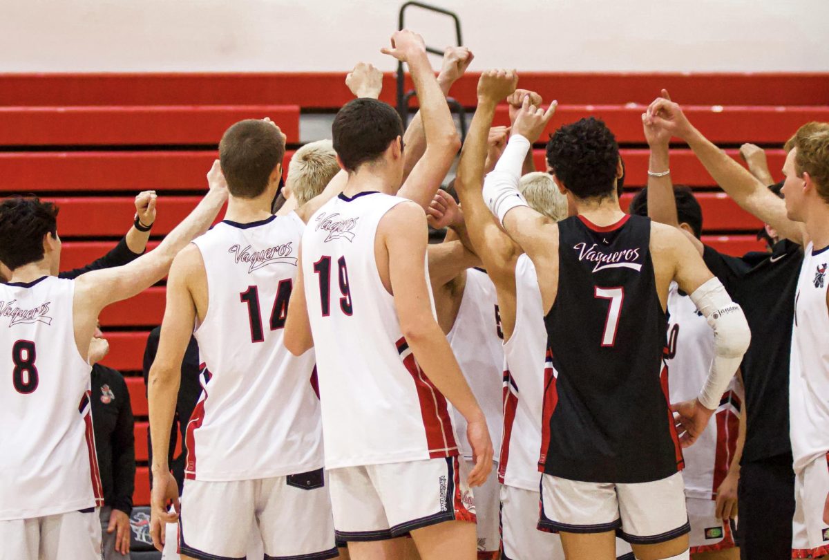 The Vaqueros gather together during the final timeout of the game on March 1 at the Sports Pavilion at City College in Santa Barbara, Calif. City College falls to 2-5 for the season.