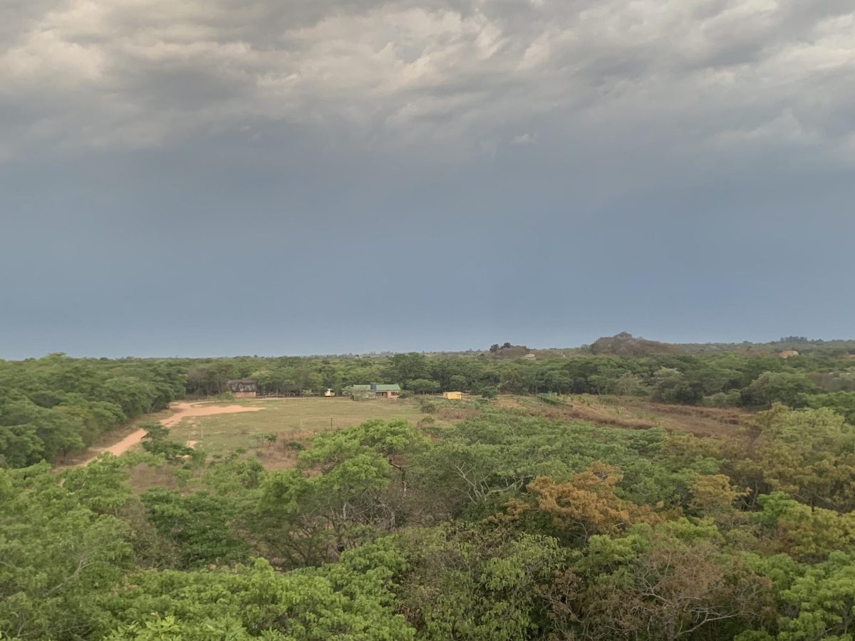 A gloomy sky hangs over the land on October 22, 2023 overlooking Kufunda Village. The small village is tucked into the trees spanning acres within the forest in Harare, Zimbabwe.