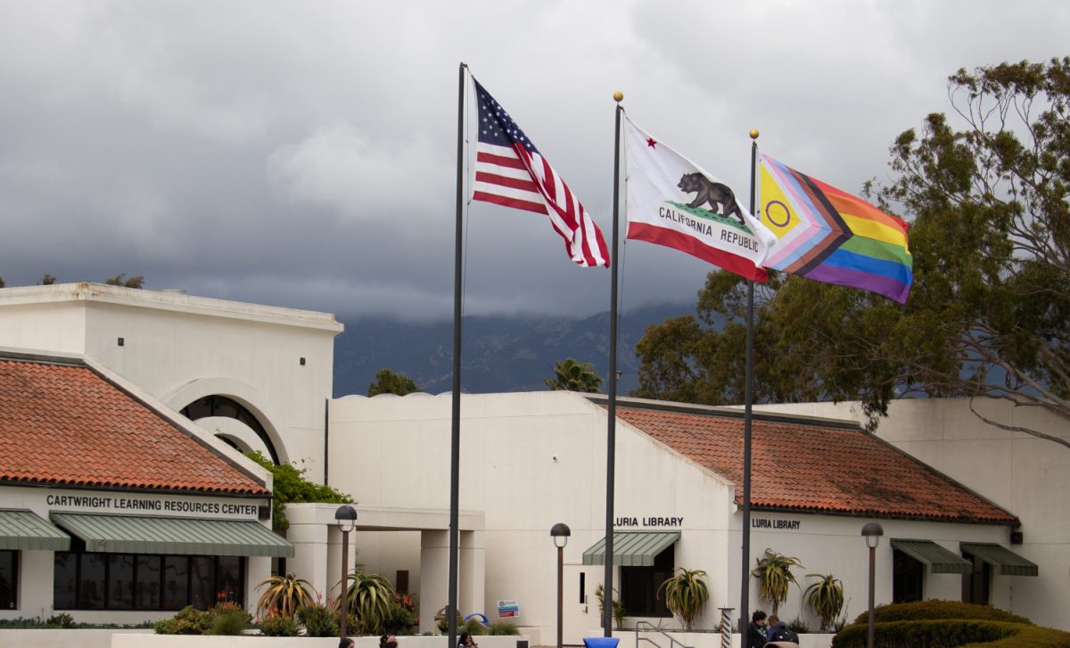 The newly raised pride flag flows outside of the Luria Library on April 4 at City College in Santa Barbara, Calif. This is the first time a pride flag has been raised on City Colleges campus, and will remain up until the end of April. 
