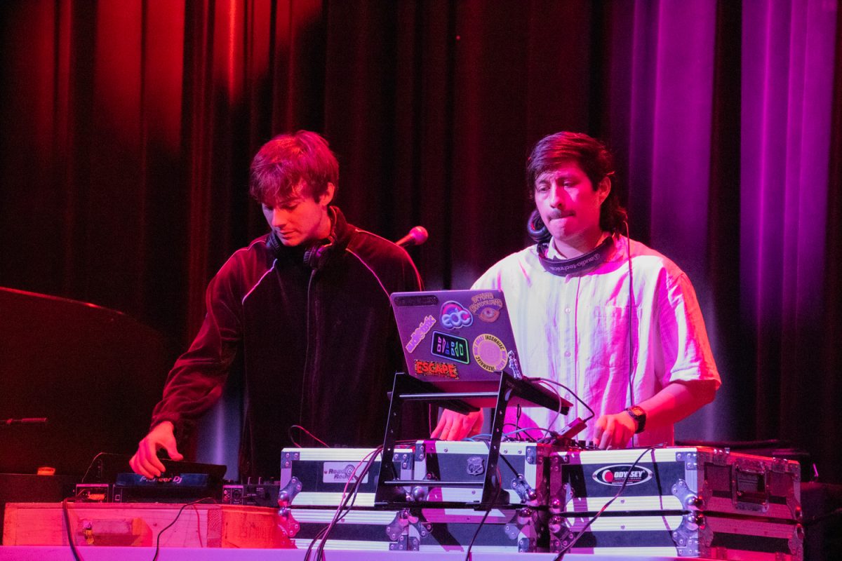 From left, Maura Valdivia and DJ Whip mix tracks during the Music Now! event at the Garvin Theater in Santa Barbara, Calif. The duo are in the sound and recording class offered at City College where the students learn how to use digital recording equipment and practices.