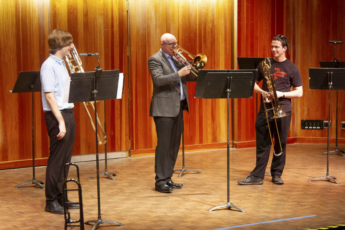 From left, Henry Thielker, Alex Iles and instructor Stephen Hughes practice “Devil’s Waltz” during the class portion of the SBCC Trombone Ensembles Slide Show Master Class & Concert on April 6 at the BC Forum at City College in Santa Barbara, Calif. Thielker is a student at City College with a major in music, performing as a bass trombone soloist and Iles is the featured special guest.