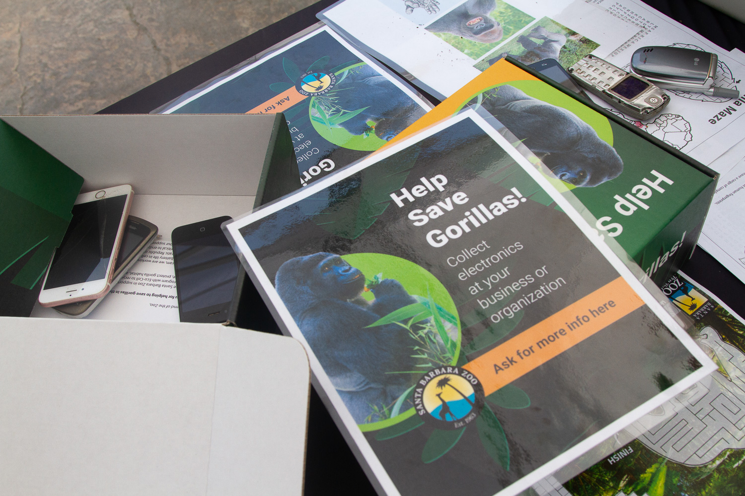 The Zoo sets up a stand to inform attendees about how they are continuously collecting phones in order to stop gorilla habitat disruption on April 21 at the Santa Barbara Zoo. "The material used to help phones work, or coltan, is mined in Gorilla habitats," zoo volunteer Ariel Muniez said. 