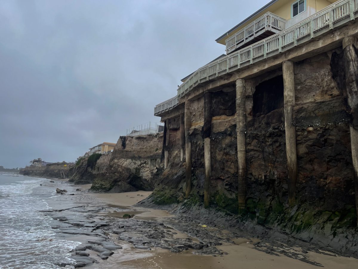 The cliffs along the 66 block of Del Playa Drive revealing the foundation of residential properties on Friday, May 10 in Isla Vista, Calif. The county reinstitute cut backs for houses that reach a maximum distance of 10 feet from the overhang.  