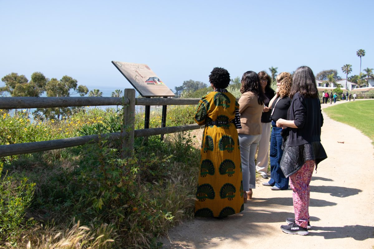 Along the Great Meadow, signs are posted across the pathway sharing Chumash traditions and history on May 8 at City College in Santa Barbara, Calif. After five years of planning and anticipation from the signage committee, City College has already begun brainstorming what their next collaboration may be. 