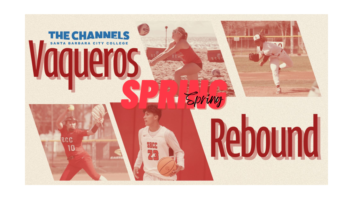 Vaqueros Rebound banner showcases a number of spring sports at SBCC, including beach volleyball, baseball, softball and basketball. Created on Canva by Claire Geriak and Sylvia Stewart.