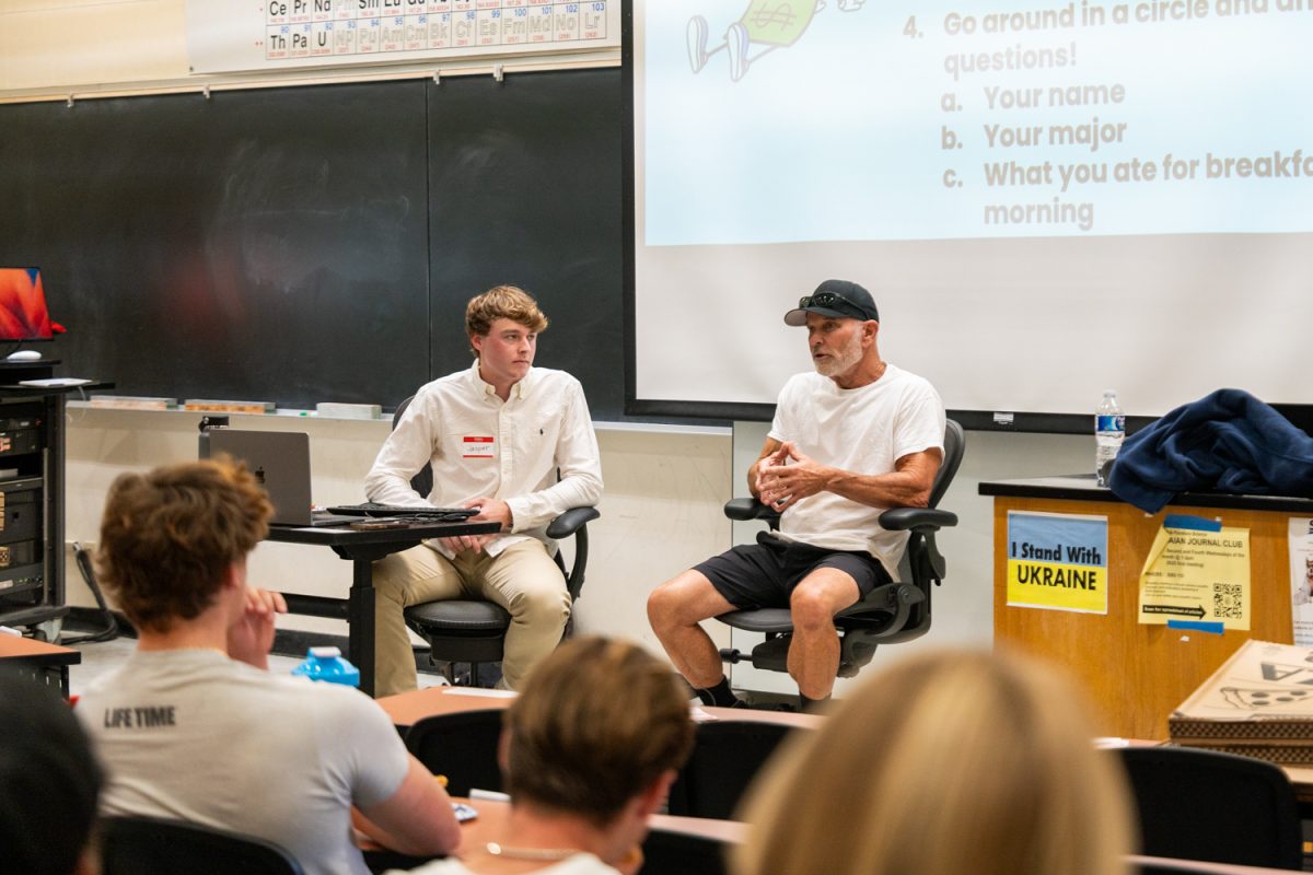 Ed St. George (right), landlord and developer, answers a question asked by Jasper Parks (left), president of the Financial Mastery Club, at the Financial Mastery Club meeting in PS-101 at City College on Sept. 26, 2024 in Santa Barbara, Calif. “I actually have lost millions and millions and millions of dollars because of my lack of education”, St. George admits.