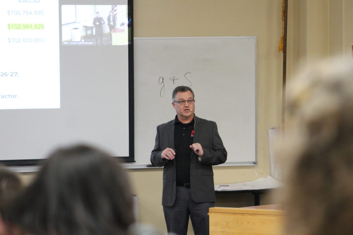 Chris Renbarger, assistant superintendent-vice president of business services, speaks on new updates involving the budget at City College on Friday, Jan. 31 in Santa Barbara, Calif. "I want to focus on values for the budget and to say that the things we care about should inform the decisions we make, writing the budget and making decisions later," Renbarger said. (Mirian Gil Solis)