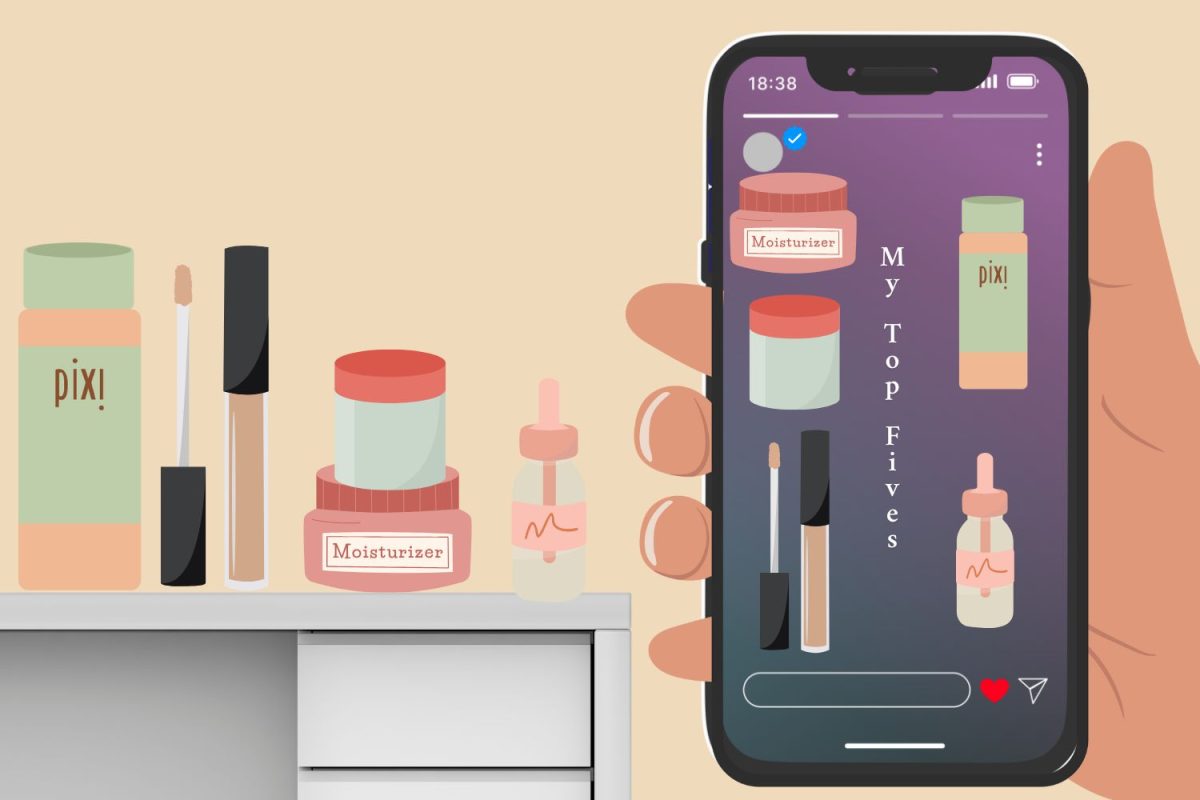 Illustration of someone recognizing the that they have the exact same products as a famous influencers "Top Fives". This showcases how social media can influence the way you do everyday activities.