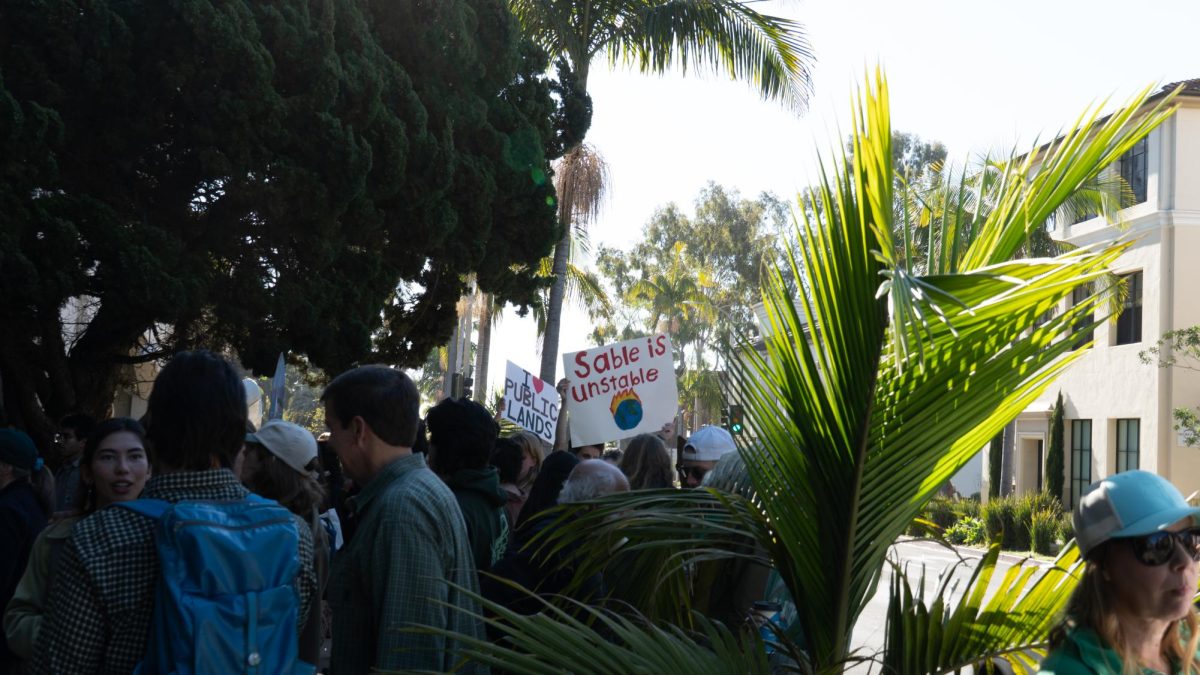UCSB and City College students hold up signs reading “ Sable is unstable” and “I ♥ ️ public lands” to traffic at the cross street of East Anapamu St. and Anacapa St. in front of the  Santa Barbara County Administration Building on Feb. 25 Santa Barbara, Calif. 