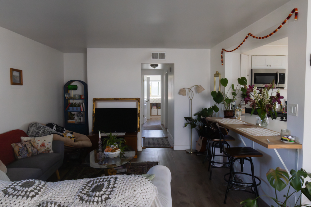 Plants, animal pillows, and musical instruments furnish the apartment shared by Smith and her roommates April 19 in Santa Barbara, Calif. The unit’s elevated location allows natural light to pour into the space.