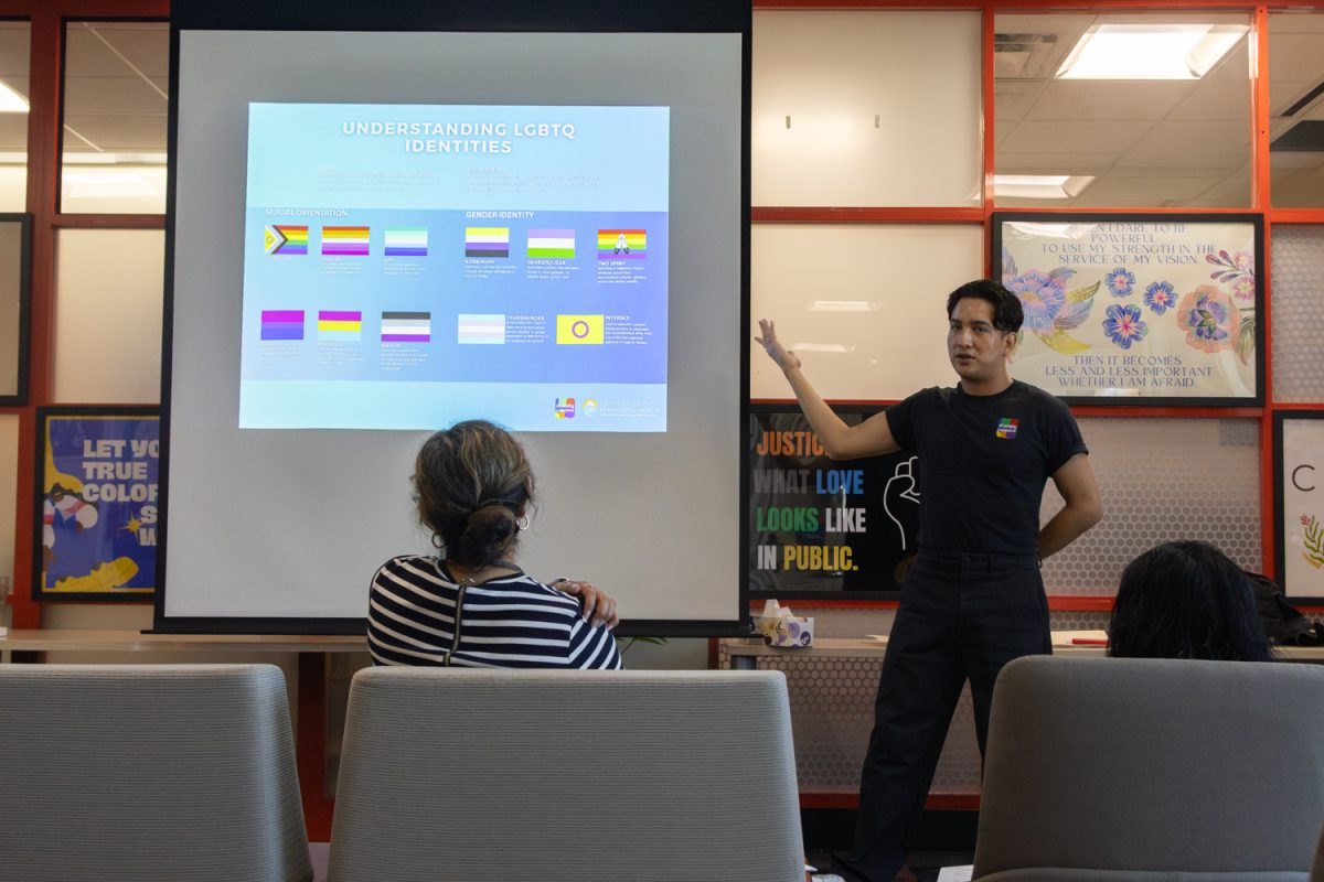 Diversity Collective speaker Edgar Euan presents the LGBTQ identity flags April 9 at City College's Campus Center building Room 228 in Santa Barbara, Calif. The most recent addition is the Two-Spirit flag, a symbol for certain native Americans.