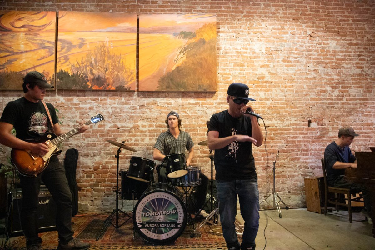 From left, Jordan "J-Dawg", Shane Davis, Mauro, and Daniel Hodges, members of Tomorrow and the Aurora Borealis perform on May 8, at Wylde Works in downtown Santa Barbara, Calif. The band was down one member, but still manange to put on their set.