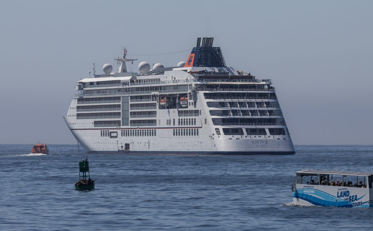 The MS Europa 2 cruise ship anchors off the coast April 29 in Santa Barbara, Calif. In past years, as many as 30 cruises have visited the city annually.