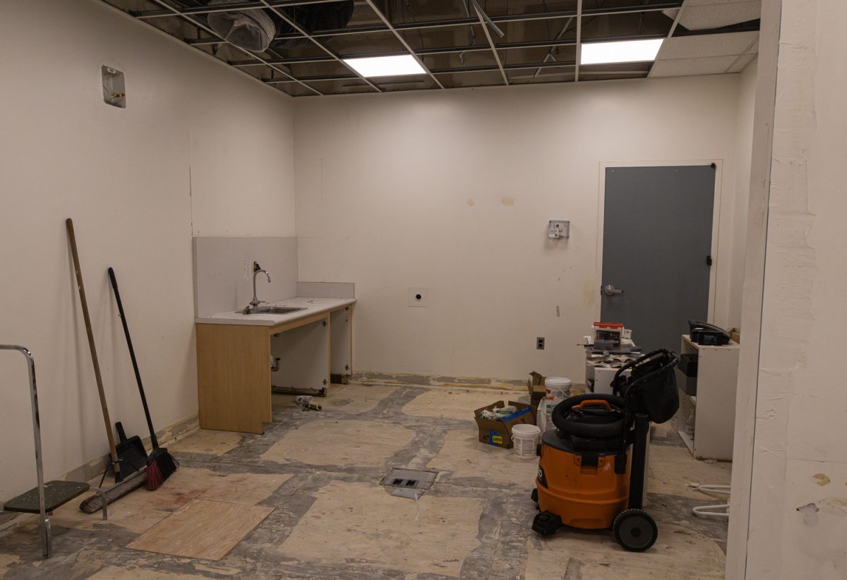 Newly installed motion sensing lights illuminate the in-progress patient care lab May 9 at City College's Administration Building Room A-236 in Santa Barbara, Calif. The room will hold gurneys, a portable x-ray unit, and a C-arm machine simulating operating room procedures.