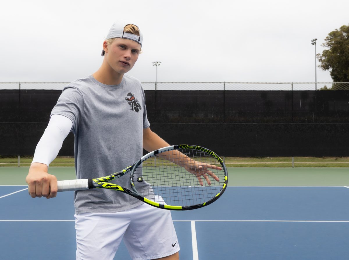 Winner of the Western State Conference Men's Individual Tennis Title Mauritz Seitz prepares to return a shot May 2 at Pershing Park's tennis courts in Santa Barbara, Calif. "I trained everyday before and I think I reached my goal at this point. I was really thankful for my teammates and my coach" said Seitz on winning his title.