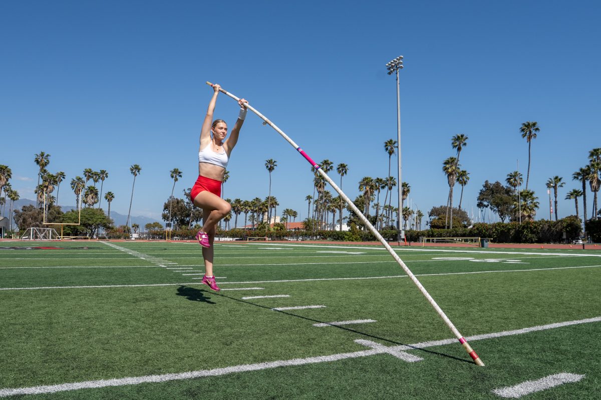 Selma Jensen, who was just awarded City College's Scholar-Athlete of the Year award, prepares for training on April 29 at SBCC's La Playa Stadium in Santa Barbara, Calif. She competes in the pole vault during training. 