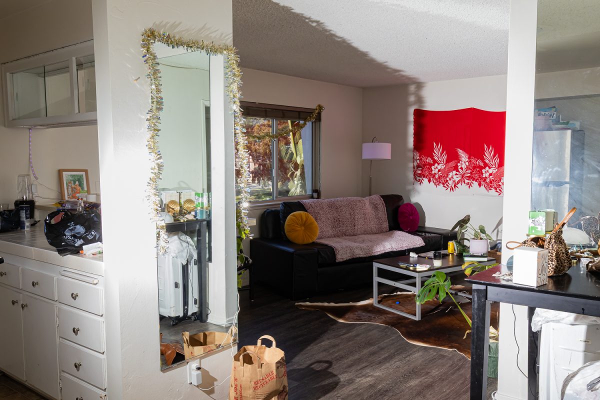 Groceries sit on the counter and floor of Lucia Colaco’s one bedroom apartment April 19 at the Beach City complex in Santa Barbara, Calif. Unlike most units in the complex Colaco shares the space with just one other person.